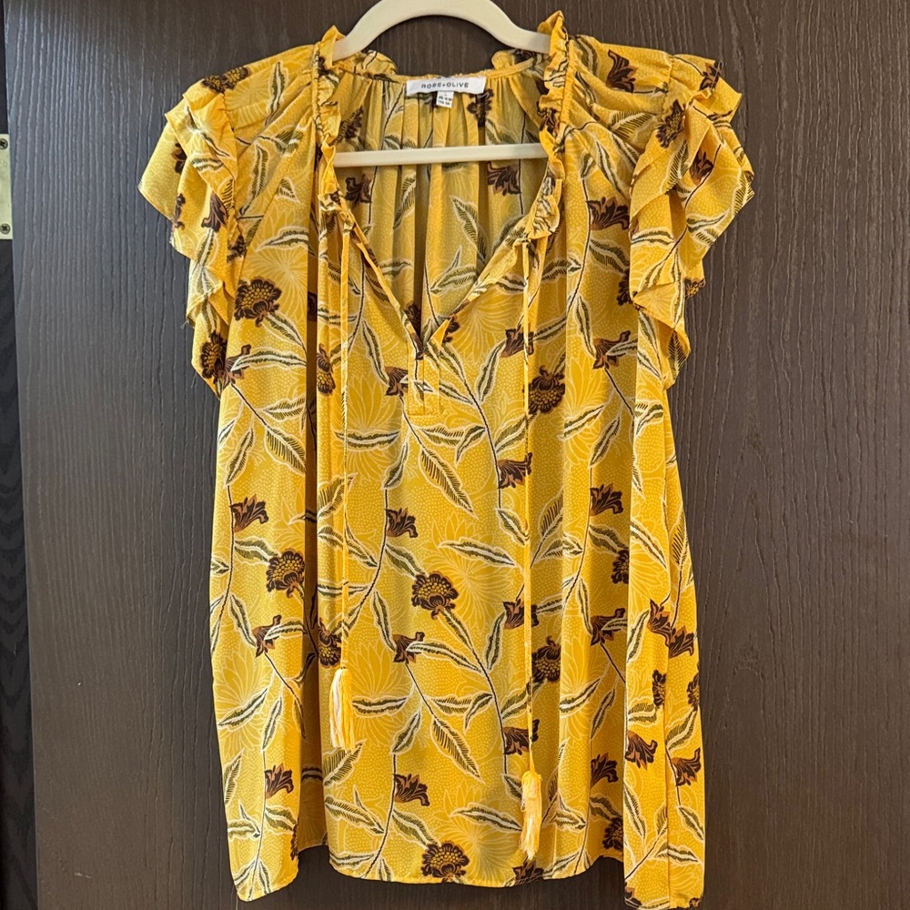 Rose and Olive Yellow Floral Ruffle Blouse